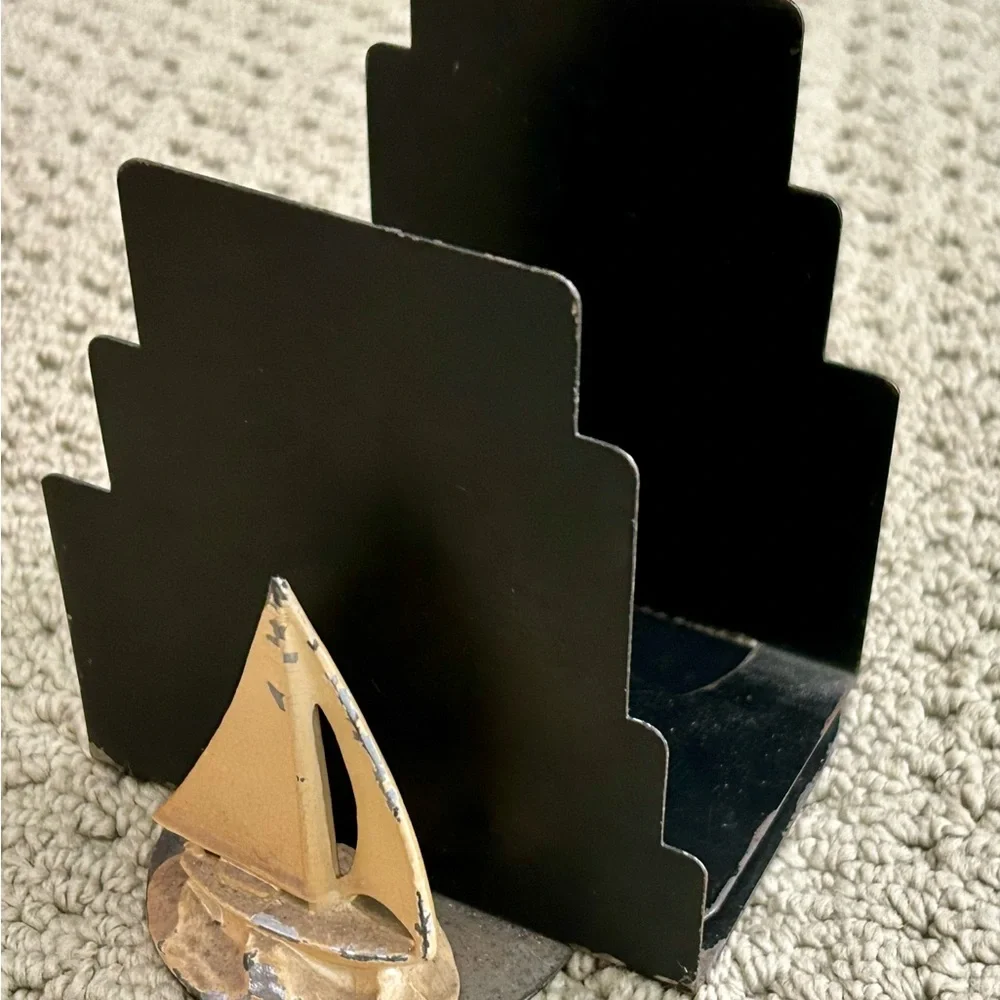 Vintage MCM Metal Sailboat Boat Pair Bookends - Black Dull Gold Nautical Retro